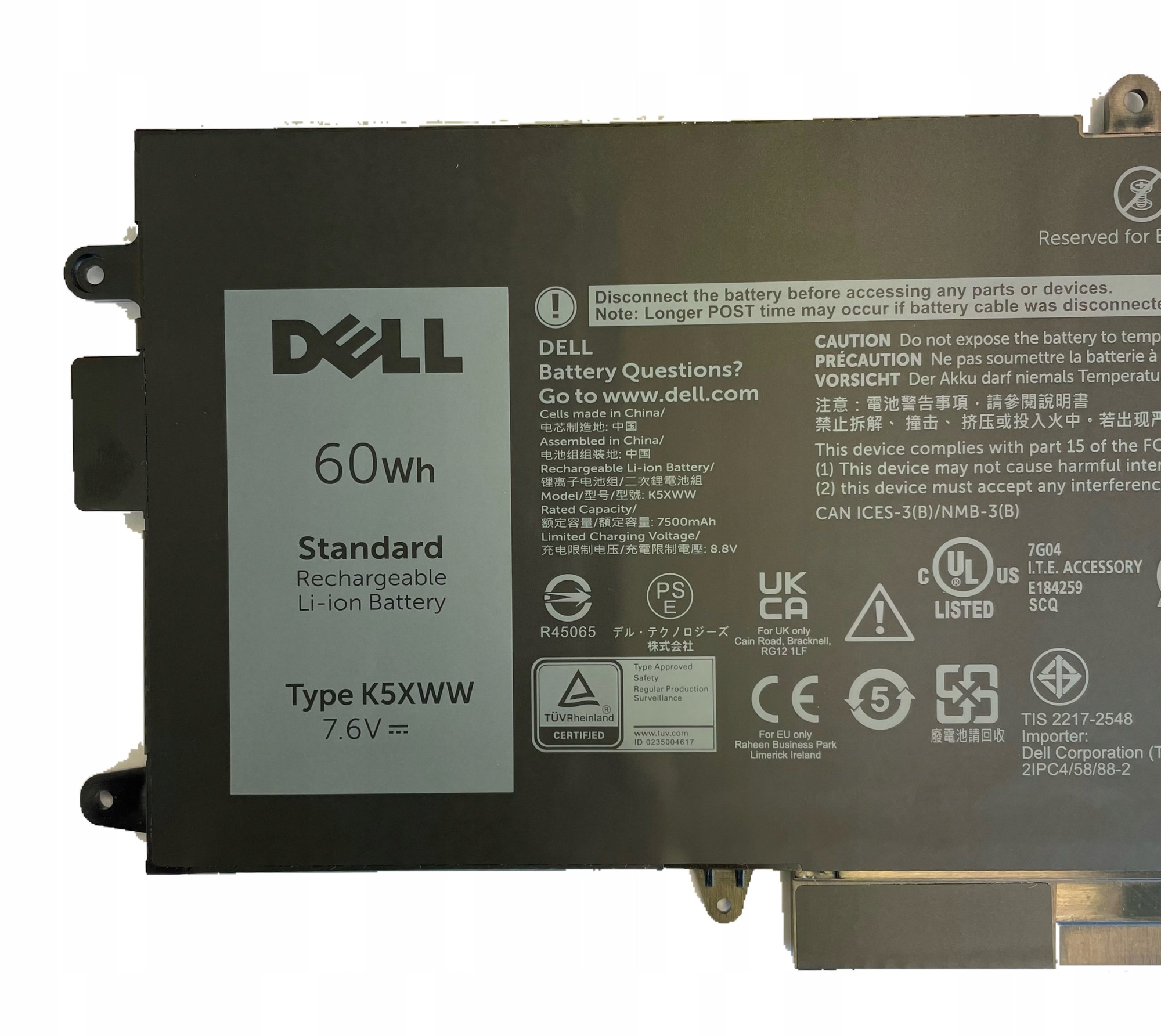 Black rectangular lithium-ion battery with Dell branding, labeled 60Wh, featuring a 4-cell design and model numbers 725KY and N18GG, with safety and usage instructions printed.