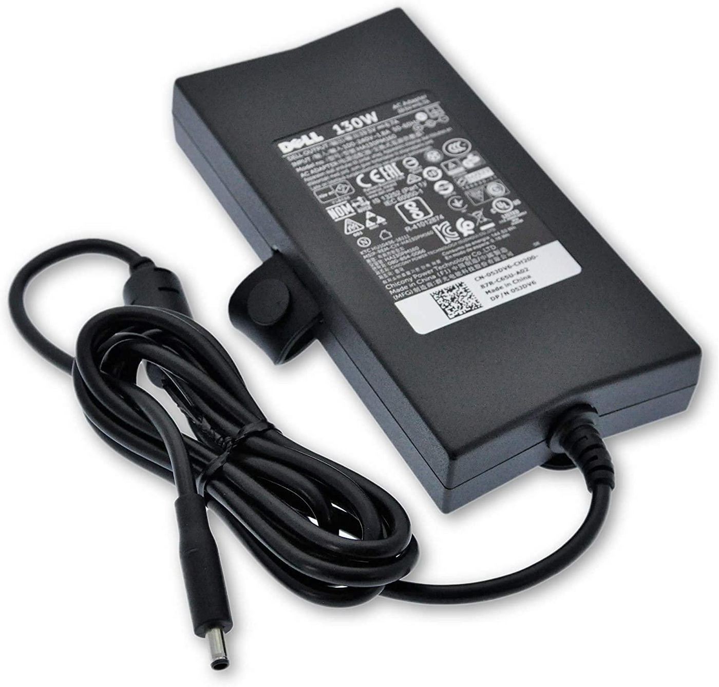 Black Dell 130W power adapter with a textured surface, featuring a long cable and a cylindrical connector, labeled with technical specifications and safety certifications.