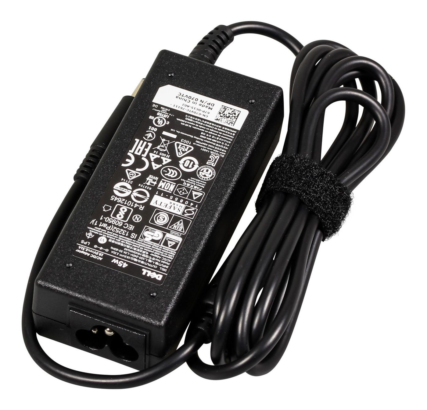 Black Dell 45W power adapter with a 19.5V output, featuring a long cable and a velcro strap for organization, displaying various safety and certification labels on the side.