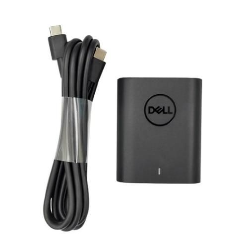 Black Dell 60W USB-C power adapter with a sleek design, featuring a prominent Dell logo, accompanied by a coiled USB-C cable.