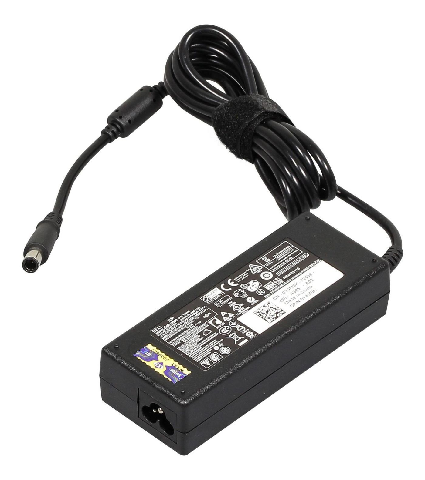 Black rectangular power adapter with a textured surface, labeled "DELL C Dper. 90W. 19.5V. 3", featuring a long cable and a round connector tip.