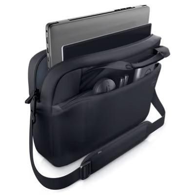 Black Dell laptop bag with a sleek design, featuring a padded compartment for a laptop, additional pockets for accessories, and an adjustable shoulder strap.
