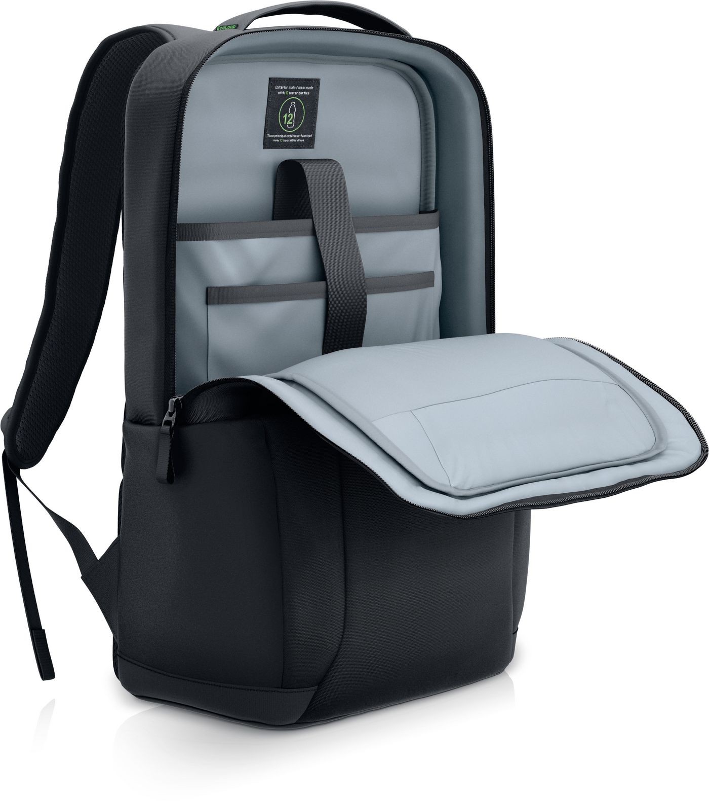 Black backpack with a gray interior, featuring a padded compartment for a 15.6" laptop, multiple pockets, and adjustable straps for comfort.