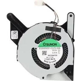 Black and silver Dell CPU heatsink assembly featuring a circular fan with a green and white label, designed for efficient cooling in computer systems.