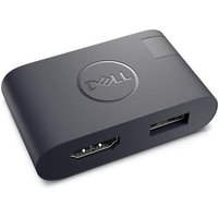 Black Dell D20 D20u multi-port adapter with HDMI and USB ports, compact design with Dell logo on top.