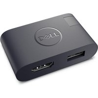 Black Dell USB-C to HDMI 2.0/USB-A adapter with Dell logo, HDMI and USB-A ports on the side.