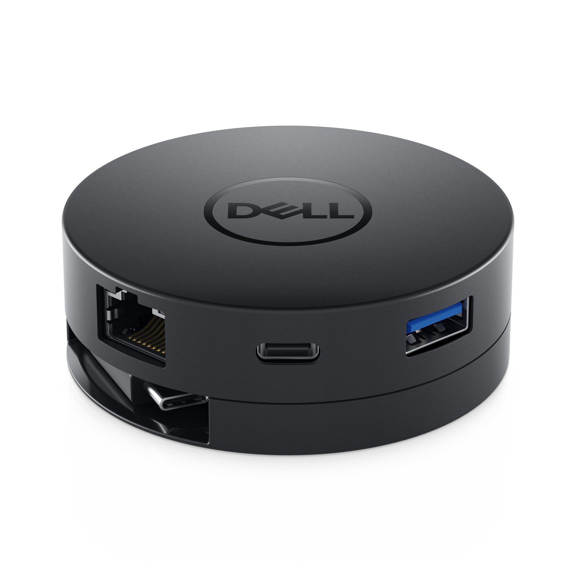Round black USB hub with Dell logo, featuring a USB-C port, USB 3.0 port, and Ethernet port, designed for wired connectivity.
