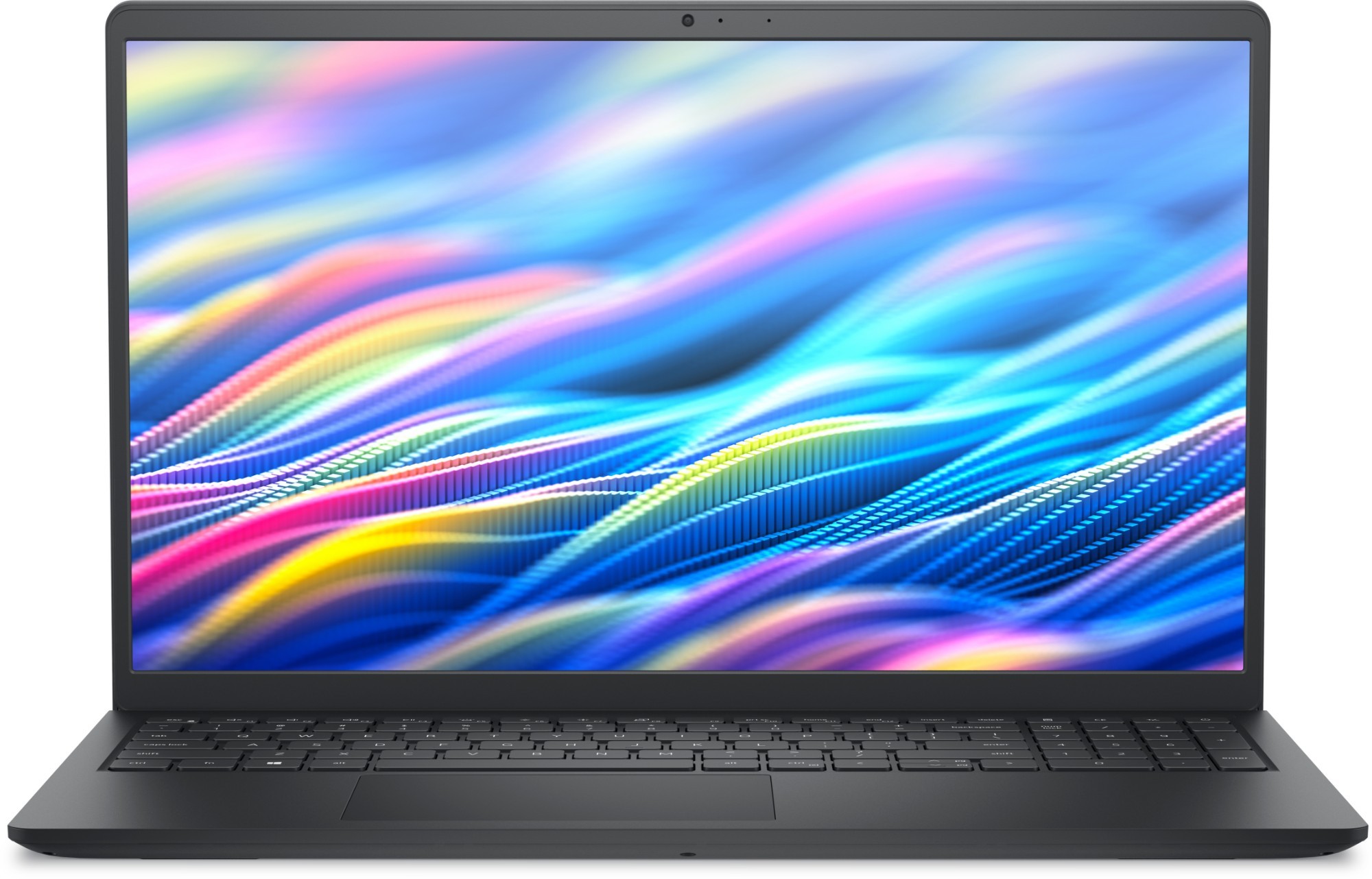 Dell 15 DC15250 laptop featuring a sleek black chassis, 15.6-inch display with vibrant wave patterns, Intel Core i5-1334U processor, 16 GB RAM, and 512 GB SSD.