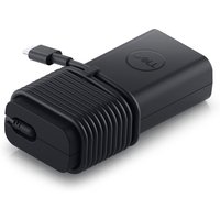 Black Dell power adapter with ribbed design, USB-C connector, and Dell logo on top.