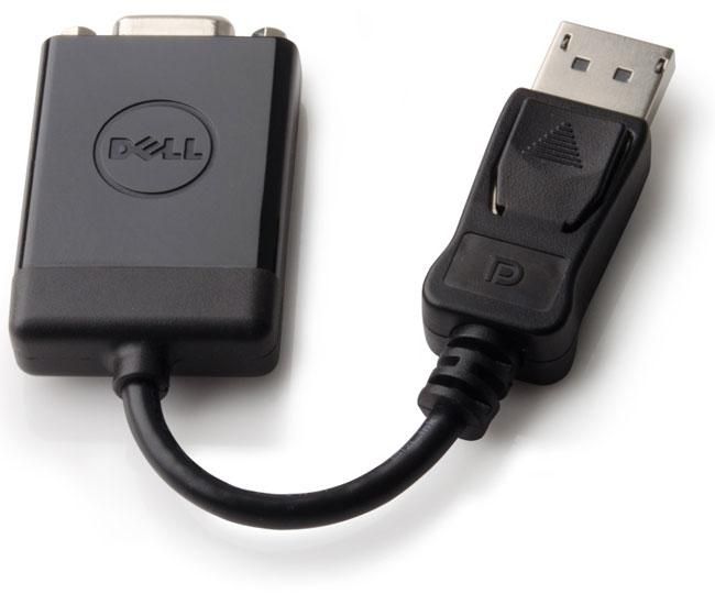 Black DELL DisplayPort to VGA adapter with a compact design, featuring a USB connector and a VGA output, ideal for connecting modern displays to older VGA devices.