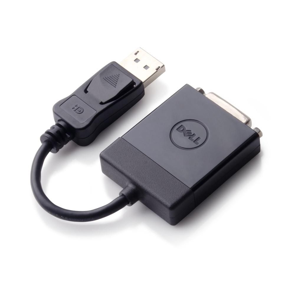 Black DELL DisplayPort to DVI adapter with a USB connector, featuring a compact design and the DELL logo on the side.