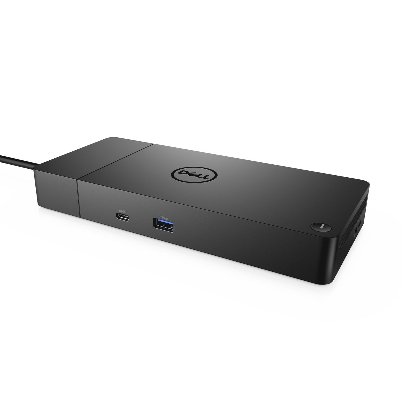 Black rectangular docking station with the Dell logo, featuring USB-C and USB-A ports, a power connector, and a sleek, matte finish.
