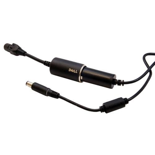 Black Dell Dp 90W DC/DC power adapter with a cylindrical connector, featuring two cables: one with a barrel connector and another with a rectangular connector.