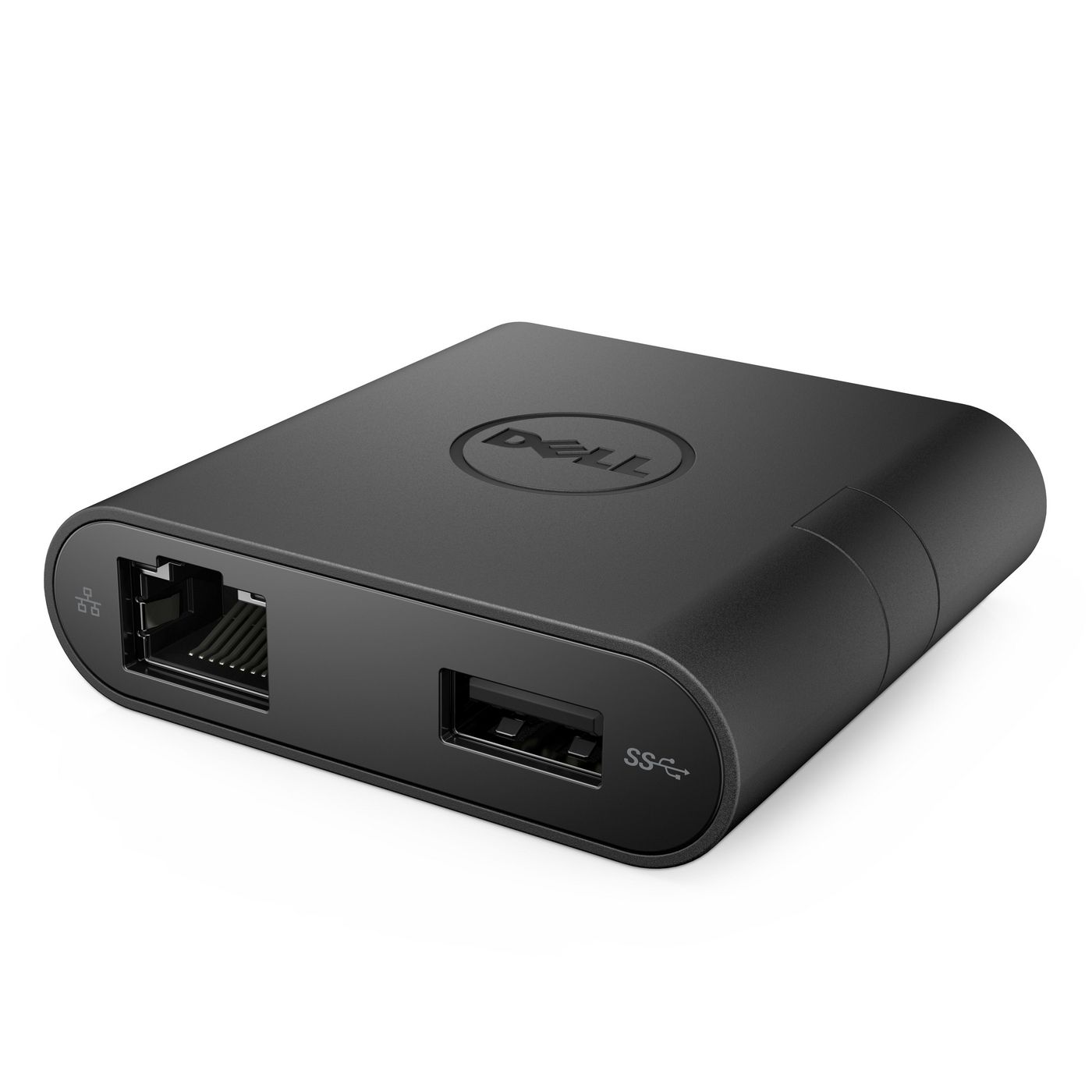 Compact black Dell Dp.con.d200.do.r adapter featuring USB and Ethernet ports, with a sleek design and the Dell logo prominently displayed on the top.