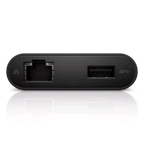 Black Dell Dp Con D200 Eme R adapter featuring an Ethernet port and a USB port, with a sleek, rounded design and a glossy finish.