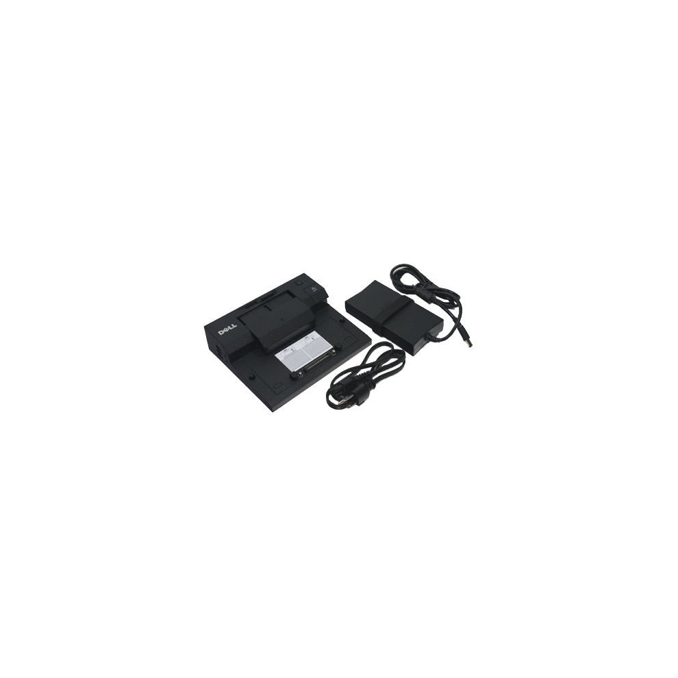 Black DELL E/Port Docking station with a sleek design, featuring a central docking area and two attached cables for connectivity.