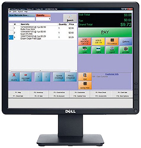 Black DELL E Series E1715S LED display with a 17-inch screen, featuring a 1280 x 1024 pixel resolution and a sleek stand, showing a colorful point-of-sale interface.