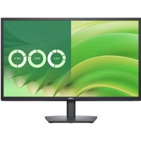 Dell E2725H 27" monitor, black frame, slim bezels, displaying green abstract graphics on screen.