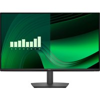 Dell E2725HM 27" monitor, slim black bezel, matte screen, displaying green abstract graphics.