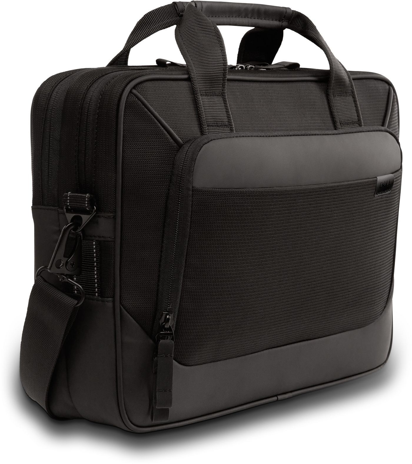 Black DELL EcoLoop Pro Classic Briefcase featuring a textured front panel, durable fabric, dual handles, and an adjustable shoulder strap for versatile carrying options.