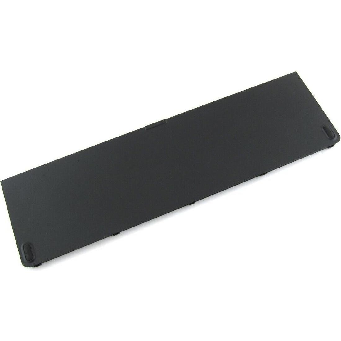 Black rectangular laptop battery with a smooth plastic finish, featuring three cell compartments and small rubber feet on the bottom for stability.