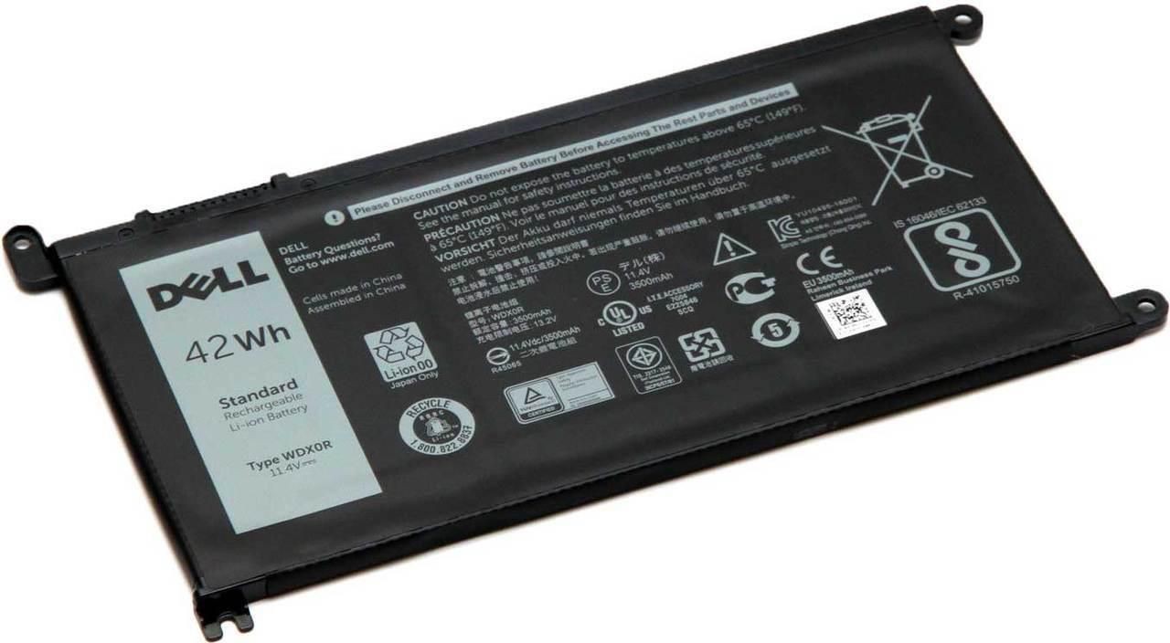 Black lithium-ion battery with a capacity of 42WHR, featuring a label with Dell branding, safety symbols, and specifications, designed for Dell laptops.