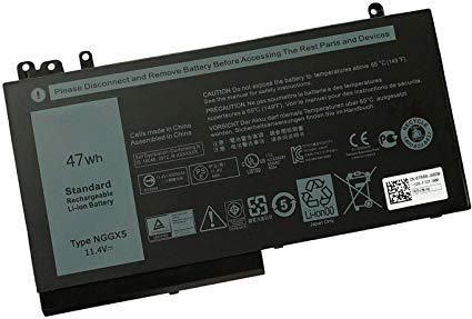 Black rectangular lithium-ion battery with a label indicating "DELL Ery. 47WHR. 3 Cell," featuring safety warnings and specifications in white text.