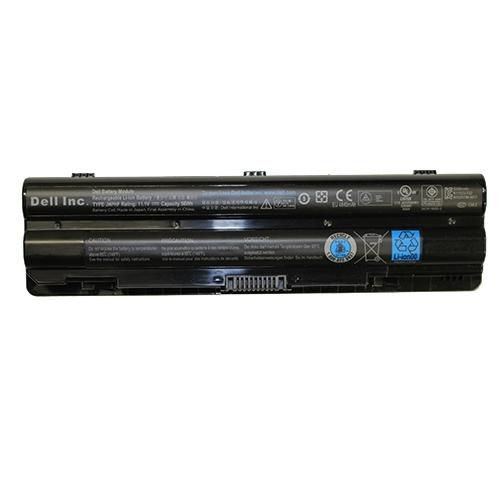 Black Dell laptop battery with a 56WHR capacity and 6 cells, featuring labels and icons indicating compatibility and safety information on the surface.