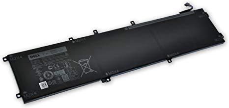 Black Dell laptop battery, 97WHR, 6 cell, featuring a sleek design with labels and safety symbols on one side, and a connector cable on one end.