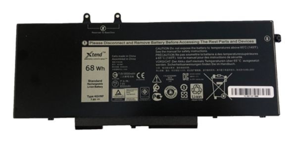 Black lithium-ion battery with a capacity of 51WHR, featuring warning labels, a barcode, and specifications printed on the surface, designed for Dell laptops.