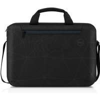 Black Dell ES1520C 15.6" briefcase with geometric pattern, top handles, front zipper pocket, and shoulder strap.