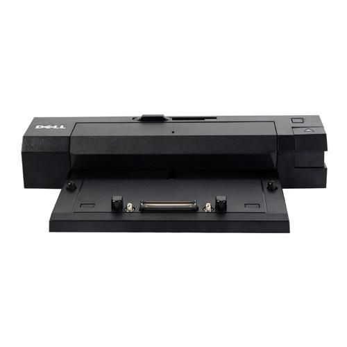 Black Dell docking station with a flat design, featuring a connector port, two side clips, and a power button on the right side.