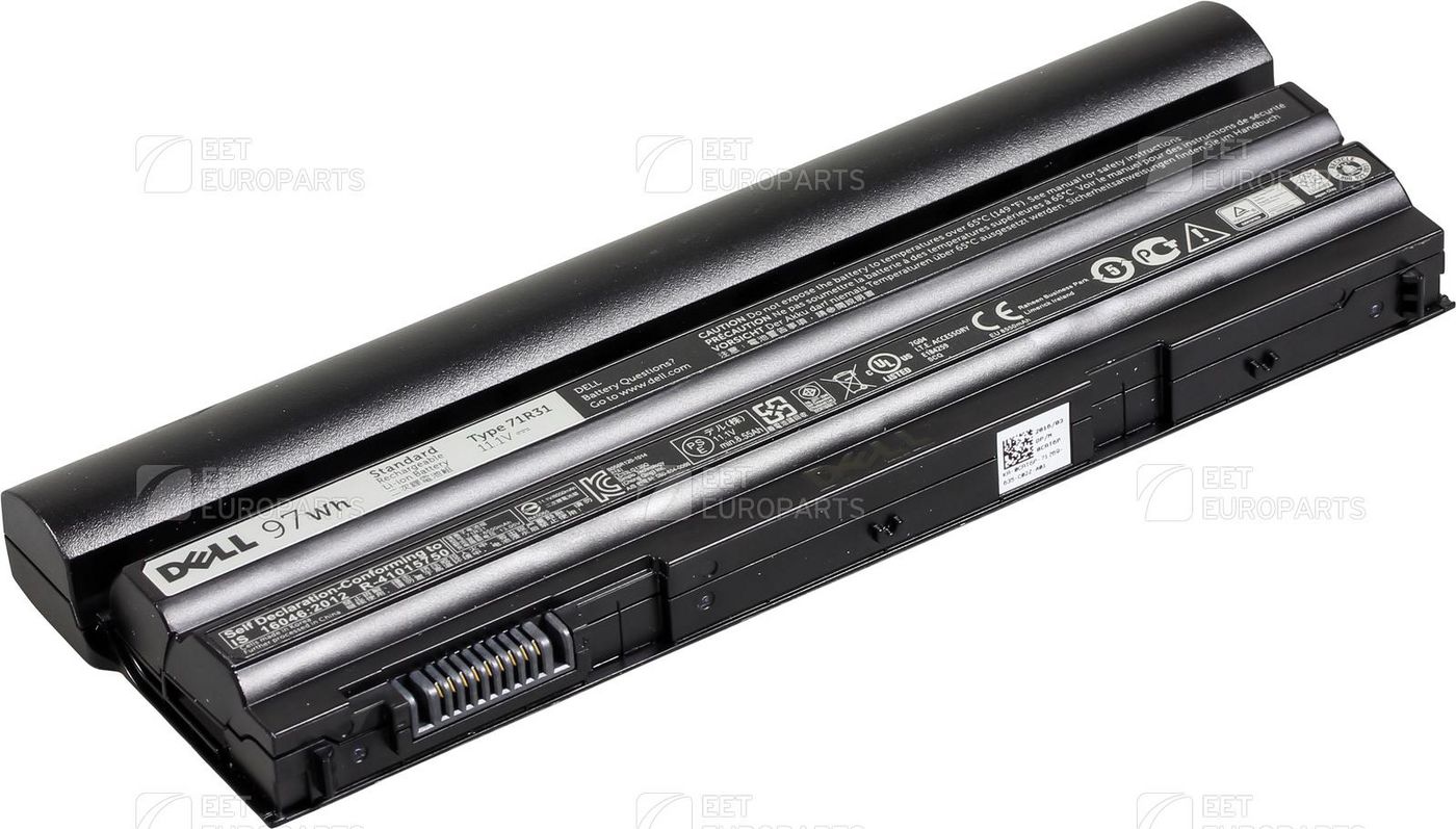 Black Dell F0D4C laptop battery featuring a sleek design, multiple connectors, and various certification labels on the underside.