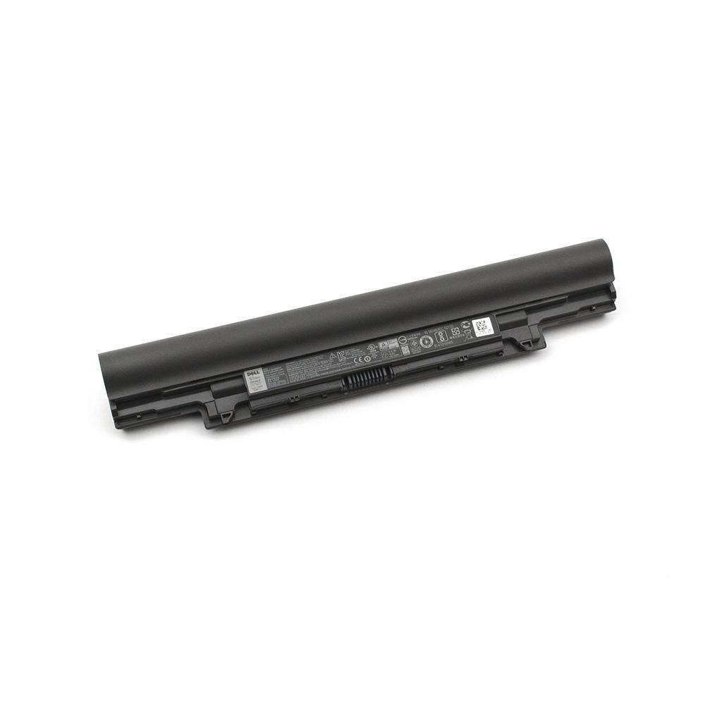 Black Dell HGJW8 laptop battery with a sleek cylindrical design, featuring labels and icons indicating specifications and safety information on the surface.