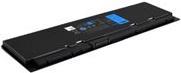 Black Dell HJ8KP laptop battery with a sleek design, featuring a blue indicator display and multiple connection ports on the side.