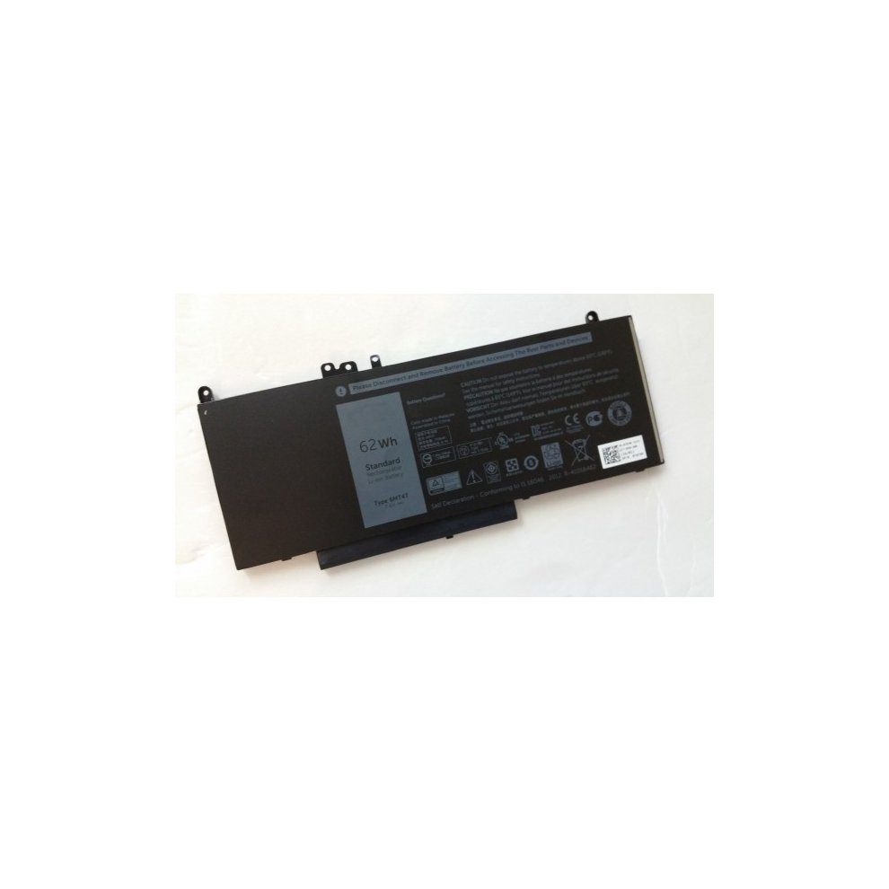 Black DELL HK6DV notebook battery with a sleek design, featuring a label with specifications, connectors on the sides, and a 62 Wh capacity for reliable power.