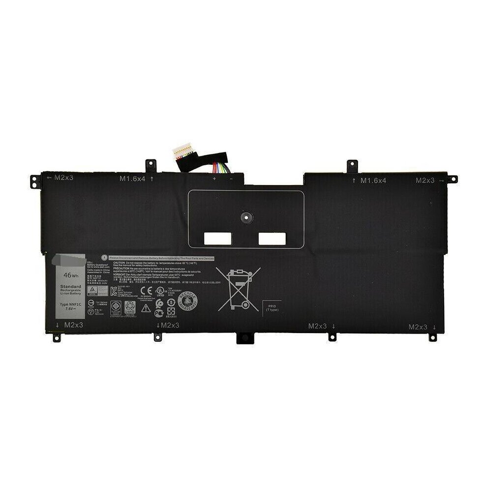 Black rectangular laptop battery with multiple connectors, labeled sections, and safety symbols, designed as a spare part for Dell laptops.