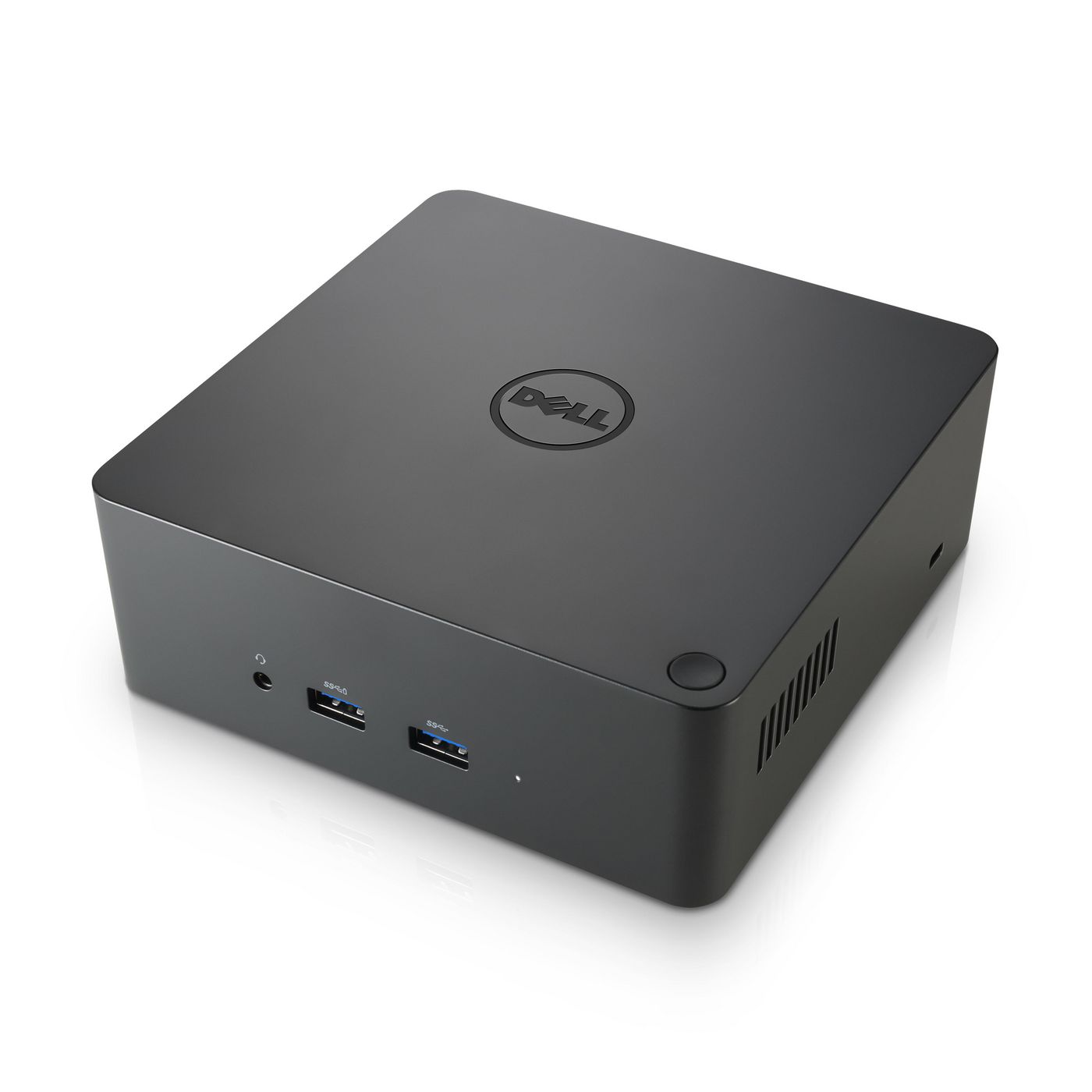 Black rectangular docking station with the Dell logo, featuring multiple USB ports and a sleek, minimalist design.