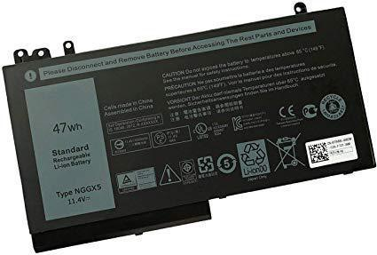 Black rectangular laptop battery with a green label, featuring specifications, safety warnings, and a barcode, designed for Dell laptops, rated at 47Wh and 11.4V.