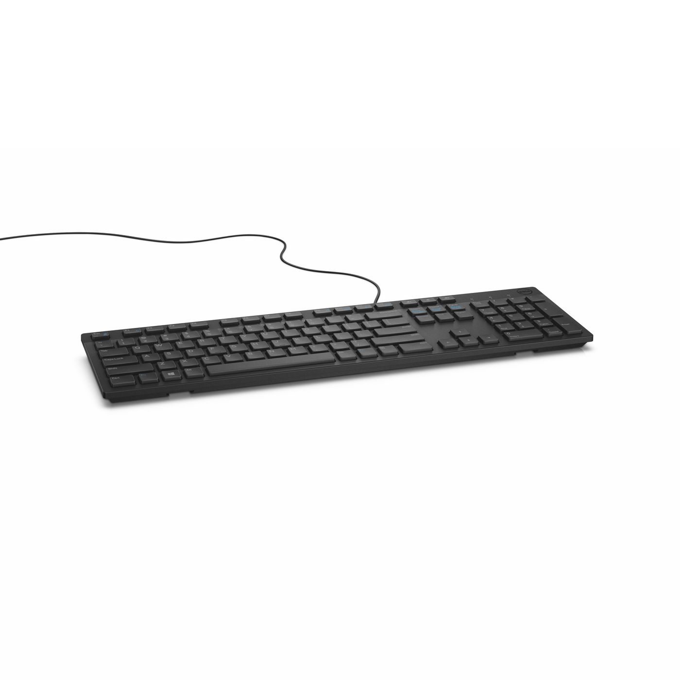 Black wired keyboard with a sleek design, featuring a full set of keys and a compact layout, ideal for efficient typing and workspace organization.