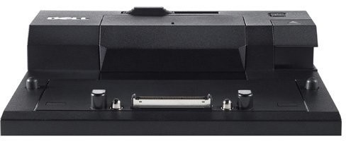 Black DELL Ki Docking Station E-Series features a sleek design with multiple ports, a central docking connector, and a sturdy base for enhanced connectivity and organization.