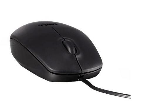 Black wired computer mouse with a smooth plastic surface, featuring a central scroll wheel and a simple two-button layout, designed for ergonomic use.