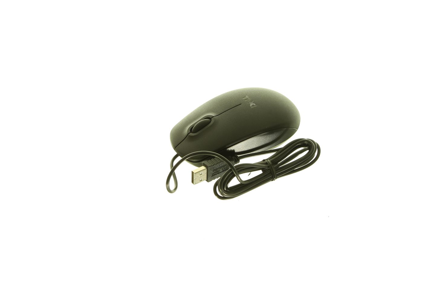 Black wired computer mouse with a smooth plastic finish, featuring a scroll wheel and a USB connector, coiled cable attached.