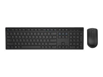 Black wireless QWERTY keyboard with a sleek design and low-profile keys, accompanied by a matching black wireless mouse, both made from durable plastic.
