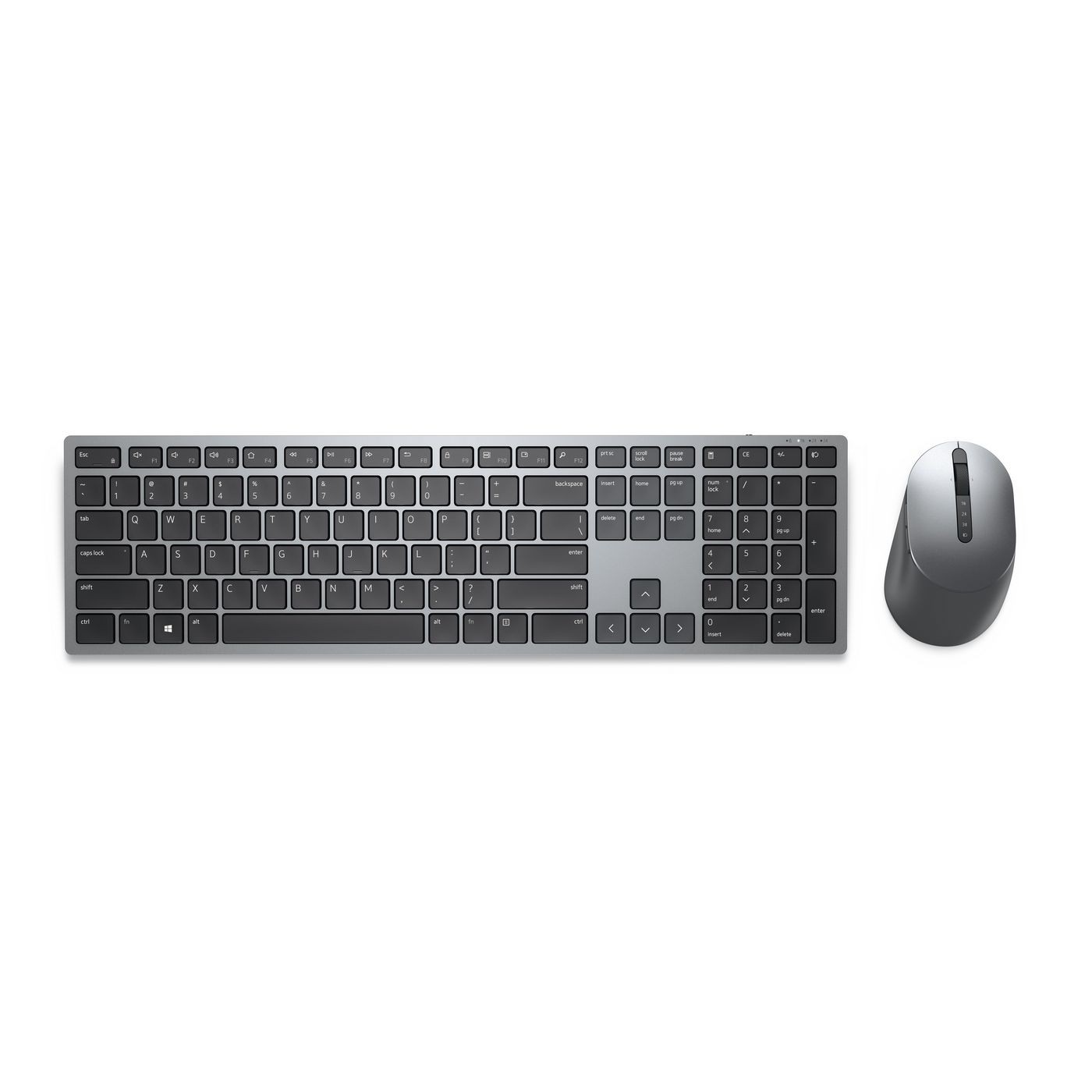 Sleek silver wireless keyboard with black keys and a matching gray wireless mouse, featuring a minimalist design and compact layout.