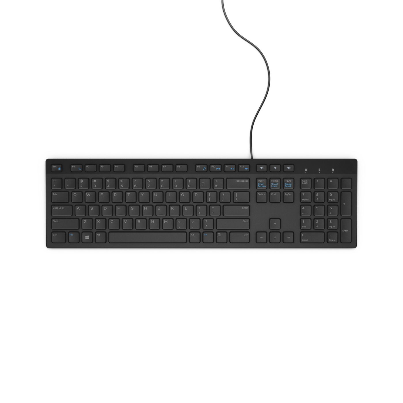 Sleek black wired keyboard with a full set of keys, including function and navigation keys, featuring a minimalist design and low-profile keycaps for a modern look.