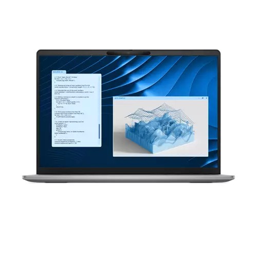 DELL Latitude 5455 Copilot+ laptop with a sleek silver chassis, 14" Full HD+ display showcasing blue graphics, featuring 16 GB RAM, 512 GB SSD, and Windows 11 Pro.