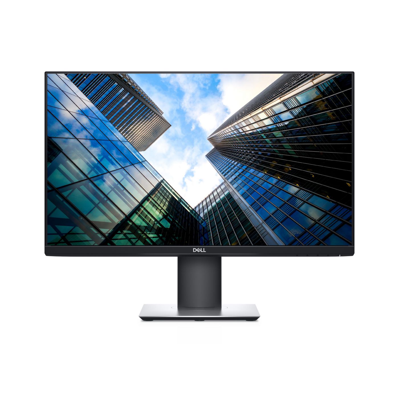 24-inch Dell LED display featuring a sleek black bezel, a sturdy silver stand, and vibrant colors showcasing a city skyline on the screen.