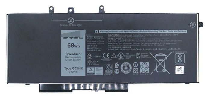 Black rectangular lithium-ion battery with a 68Wh capacity, featuring labels with safety warnings, barcodes, and a reserved access door indicator.