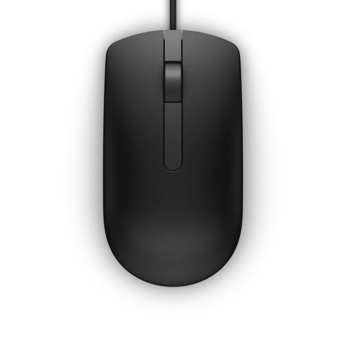 Black wired Dell MS116 USB mouse featuring a smooth, rounded design with a central scroll wheel and a single button on top.
